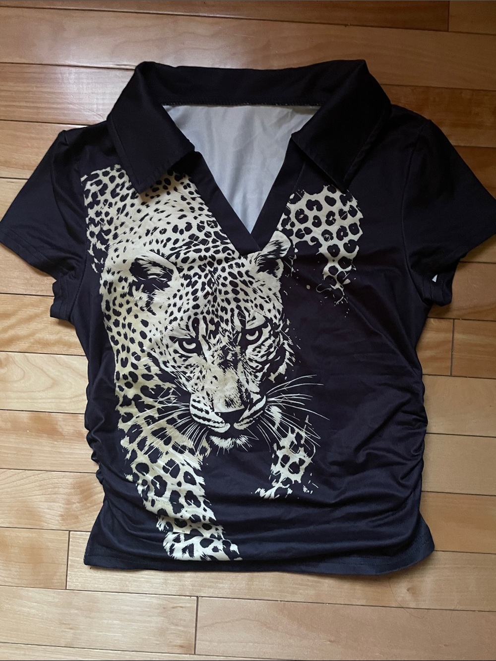 Black Leopard Print V-Neck Polo Top with scrunched waistband- Women